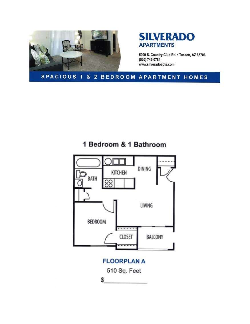 Silverado Apartments Plan A - 1 Bedroom floor plan diagram
