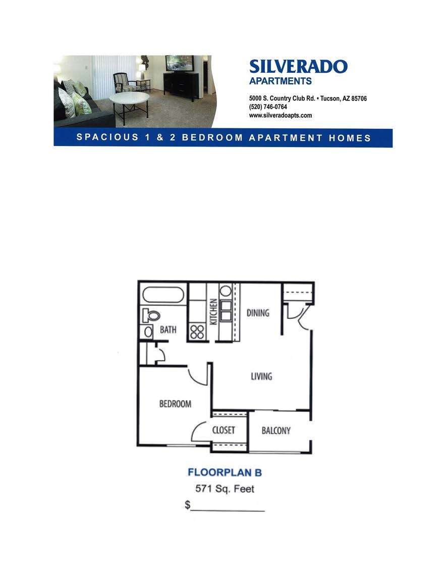 Silverado Apartments Plan B - 1 Bedroom floor plan diagram